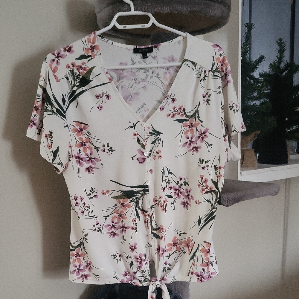 Eclipse Floral V-Neck Blouse with Tie-Front